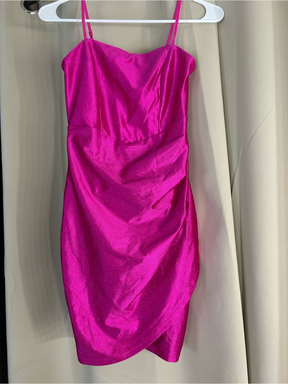 Hot Pink Satin Spaghetti Strap Homecoming Dress